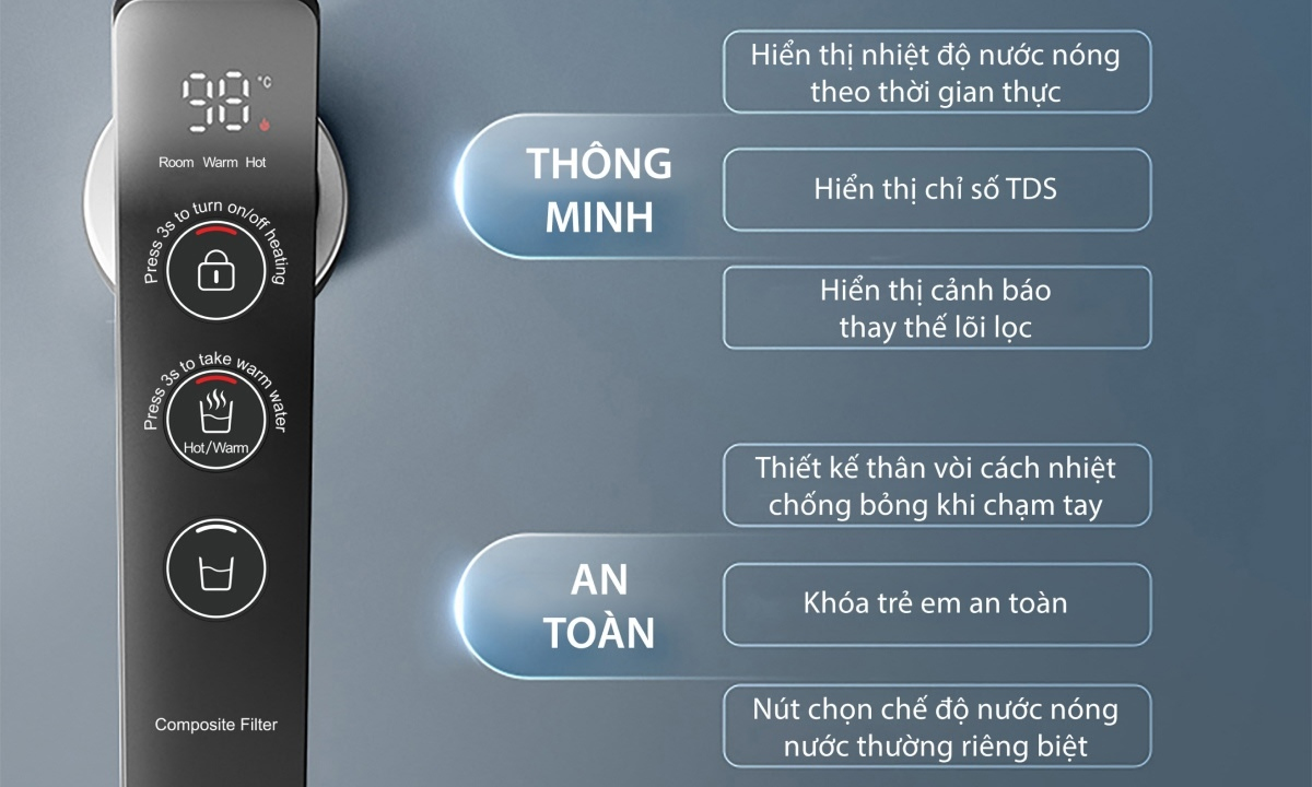 Màn hình điện tử một chạm Màn hình cảm ứng hiển thị rõ ràng nhiệt độ, trạng thái lõi lọc và chế độ nước, thao tác đơn giản, trực quan và thuận tiện.