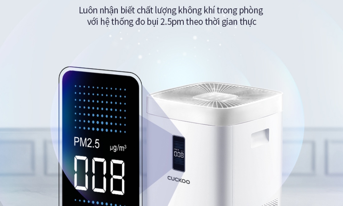 Chế độ đèn LED hiển thị chỉ số chất lượng không khí PM2.5 Kết hợp màng lọc bụi thô, HEPA và than hoạt tính, máy lọc hiệu quả bụi mịn, phấn hoa, vi khuẩn và khử mùi, đảm bảo không khí luôn sạch sẽ.