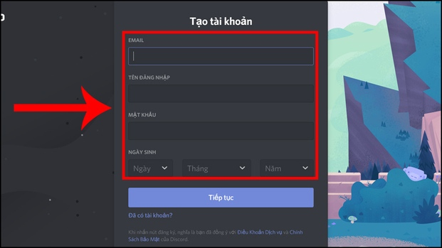 Bấm chọn Đăng ký để tạo tài khoản discord