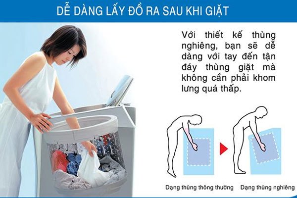 Việc lấy đồ nhanh chóng hơn nhờ lồng giặt nghiêng của máy giặt Aqua