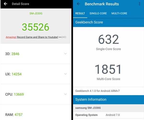 Điểm benchmark của điện thoại Galaxy J3 Pro được lấy từ ứng dụng Antutu Benmark và Geekbench.