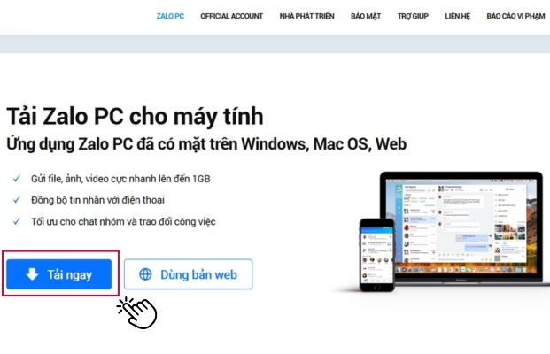 Truy cập vào website và tải xuống phần mềm Zalo PC