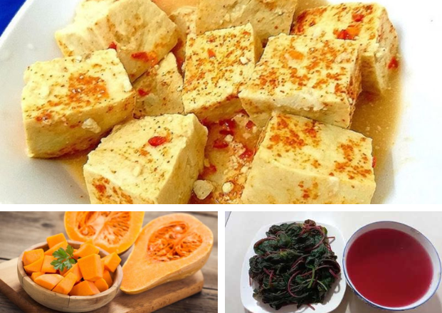 Mâm cơm chay có món bí đỏ luộc, rau luộc và chao 