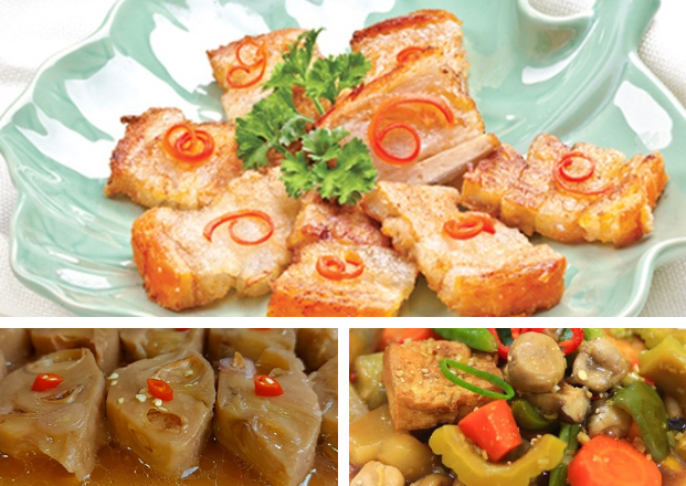 Bữa cơm chay gia đình ngon miệng với heo quay và mít non kho chay