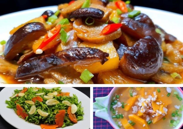 Mâm cơm chay có món nấm đông cô, bông thiên lí và canh bí đỏ