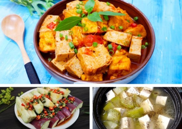 Mâm cơm chay có món đậu hũ kho thơm, cà tím và canh bí đao