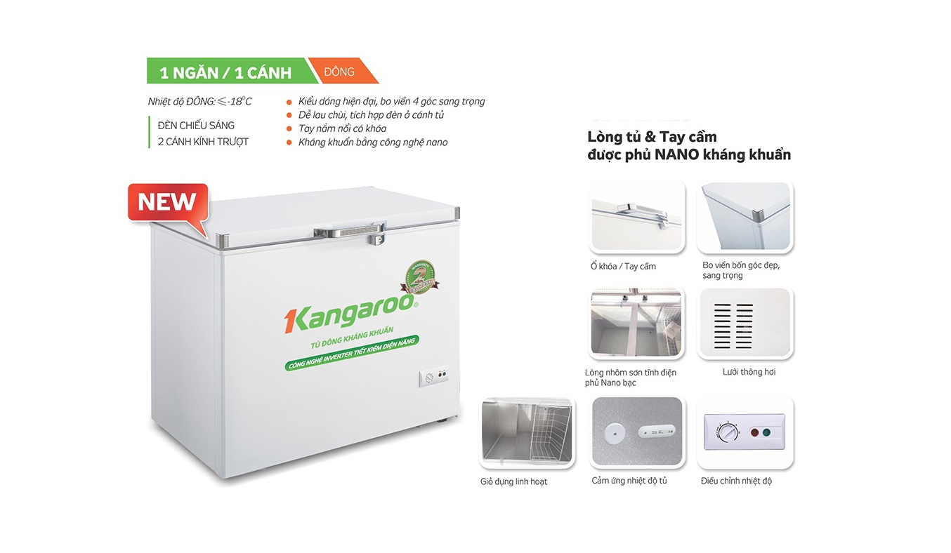 Tủ đông kháng khuẩn Kangaroo KG265NC1 hiện đại, nhỏ gọn