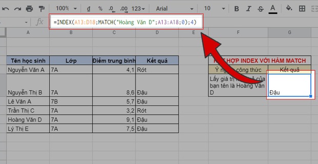 Công thức kết hợp hàm INDEX MATCH 