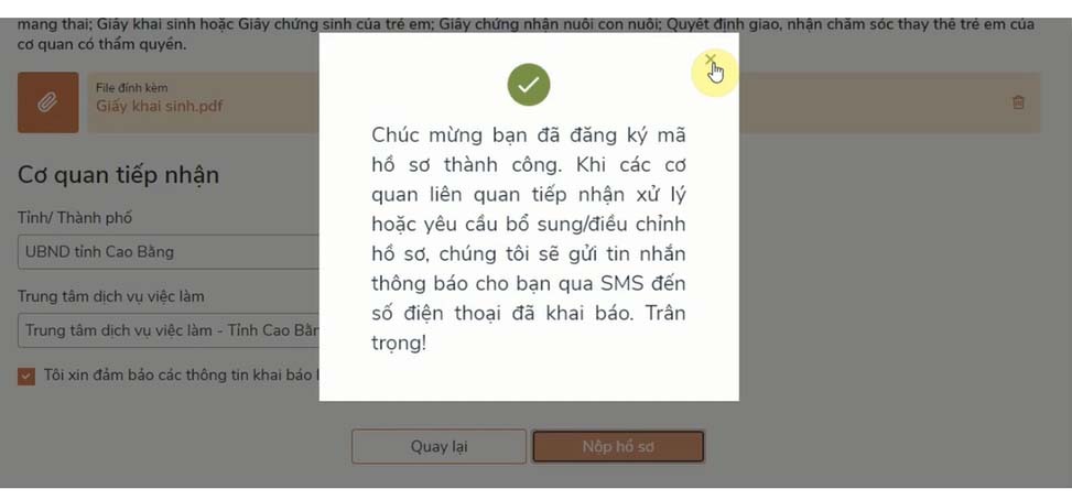 Đăng ký thành công nhận trợ cấp covid-19