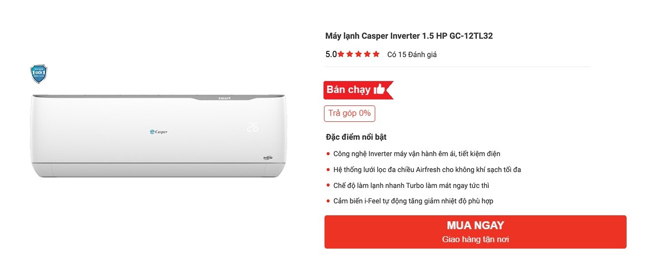 Mua máy lạnh Casper 1.5 HP Inverter GC-12TL32 giá rẻ tại Nguyễn Kim