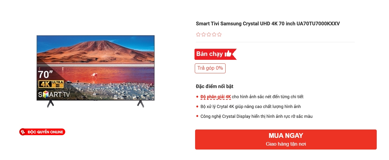 Smart Tivi Samsung Crystal UHD 4K 70 inch UA70TU7000KXXV