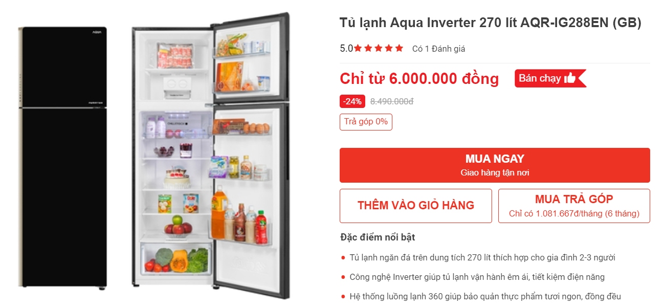 Tủ lạnh Aqua Inverter 270 lít AQR-IG288EN (GB)
