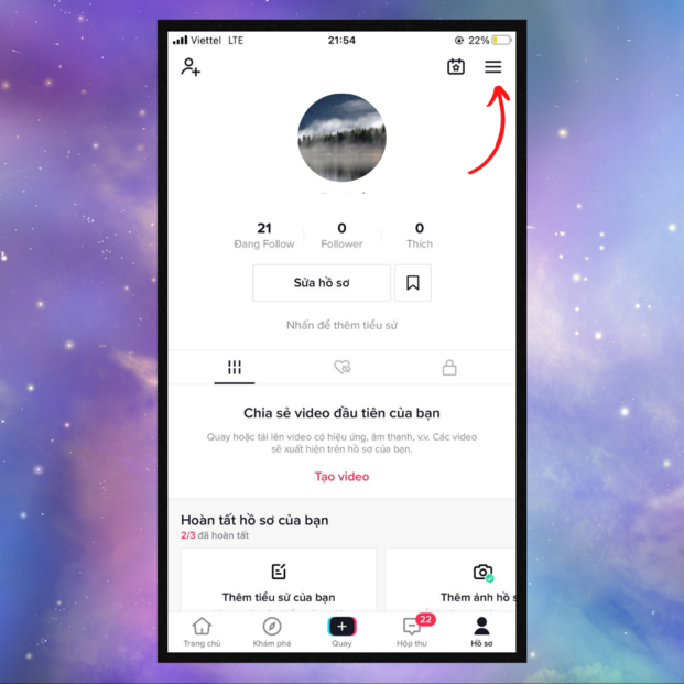 Bạn nhấp vào mục Hồ sơ trên màn hình và tiếp tục chọn biểu tượng gạch ngang