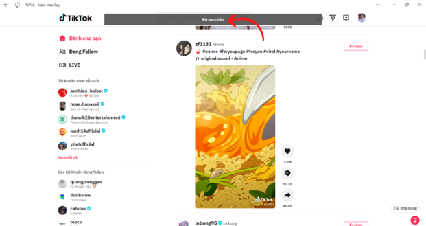 Thông báo hiện lên màn hình chính “Đã sao chép” là bạn đã copy thành công