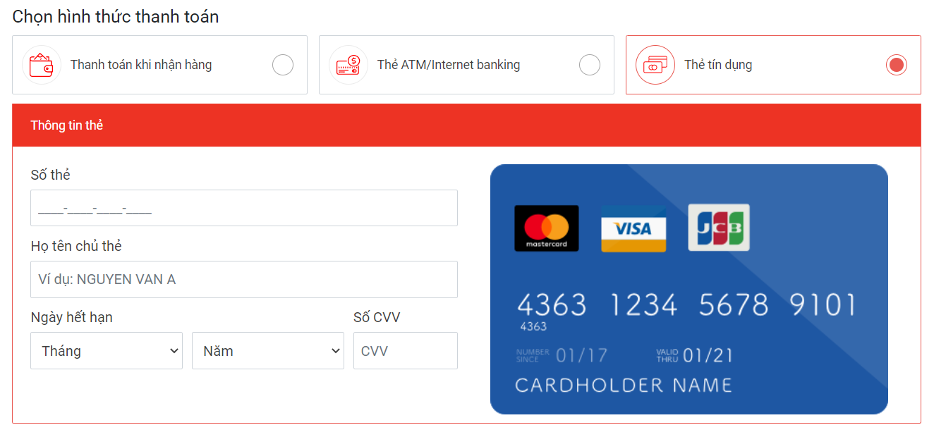 Chọn thanh toán bằng thẻ tin dụng tại Nguyenkim.com