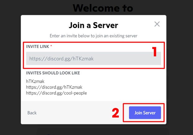 nhập link của server mà bạn đang muốn tham gia và chọn Join Server