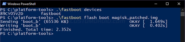 nhập lệnh fastboot flash boot magisk_pished.img trên PC để flash boot image đã vá vào smartphone