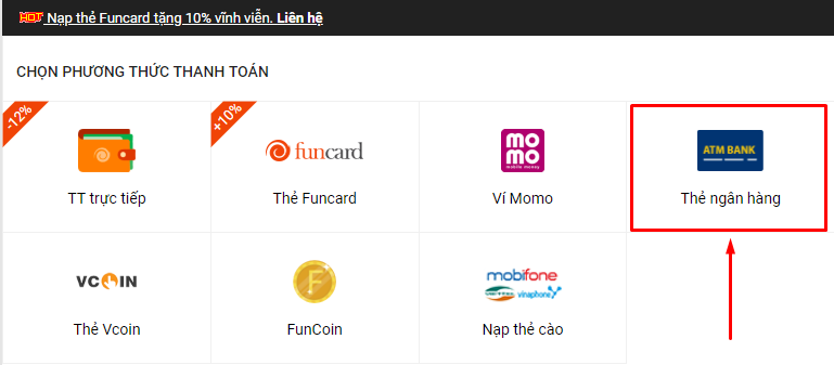 Nạp Funcard qua thẻ ngân hàng ATM 