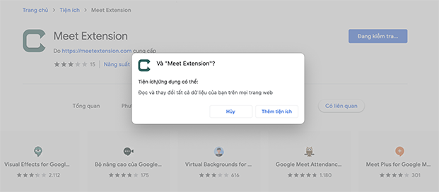 Bấm xác nhận để Thêm tiện ích Google Meet app trên trình duyệt