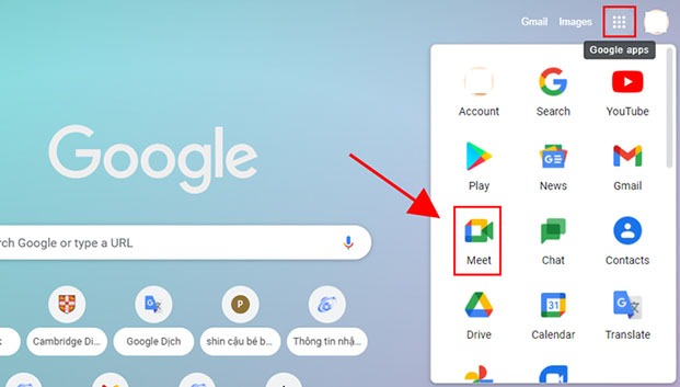 Đăng nhập tải khoản Google và nhấn vào biểu tượng Google meet trên máy tính