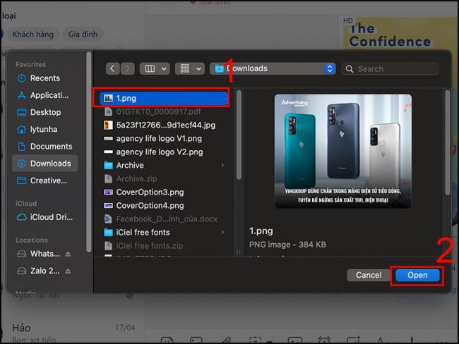 Chọn hình ảnh trong Macbook mà bạn muốn gửi rồi chọn Open