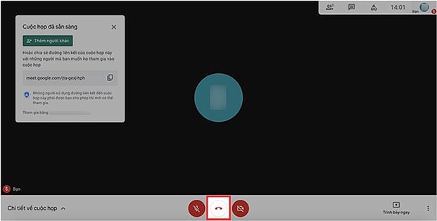 Để rời khỏi hay kết thúc cuộc họp bạn nhấn vào biểu tượng điện thoại di động