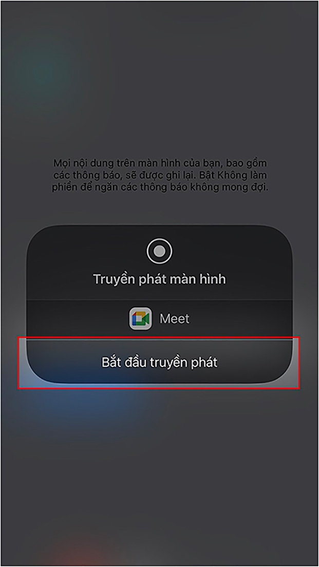 chọn vào ô Bắt đầu truyền phát để tiến hành chia sẻ màn hình trên Google Meet