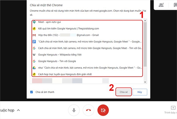 Tùy chọn một trang bất kì để chia sẻ trên google meet