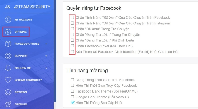Chọn mục Options và chọn vào các tính năng tắt đã xem trên Facebook