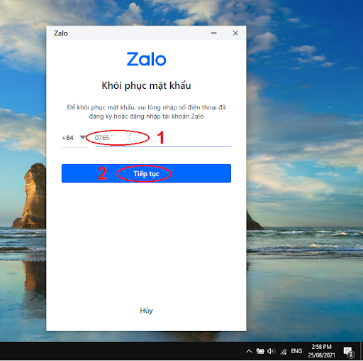 Nhập số điện thoại tài khoản Zalo