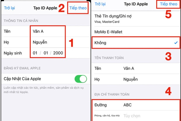 Điền vào các thông tin cá nhân gồm Tên, Họ, Ngày Sinh rồi nhấn Tiếp theo (Nguồn: Internet)