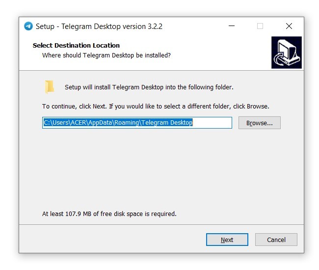 Chọn thư mục để cài đặt ứng dụng Telegram dành cho máy tính