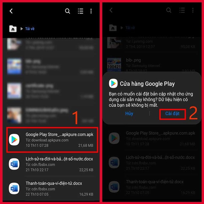Tìm file có tên Google Play Store và nhấn vào Cài Đặt trên bảng thông báo