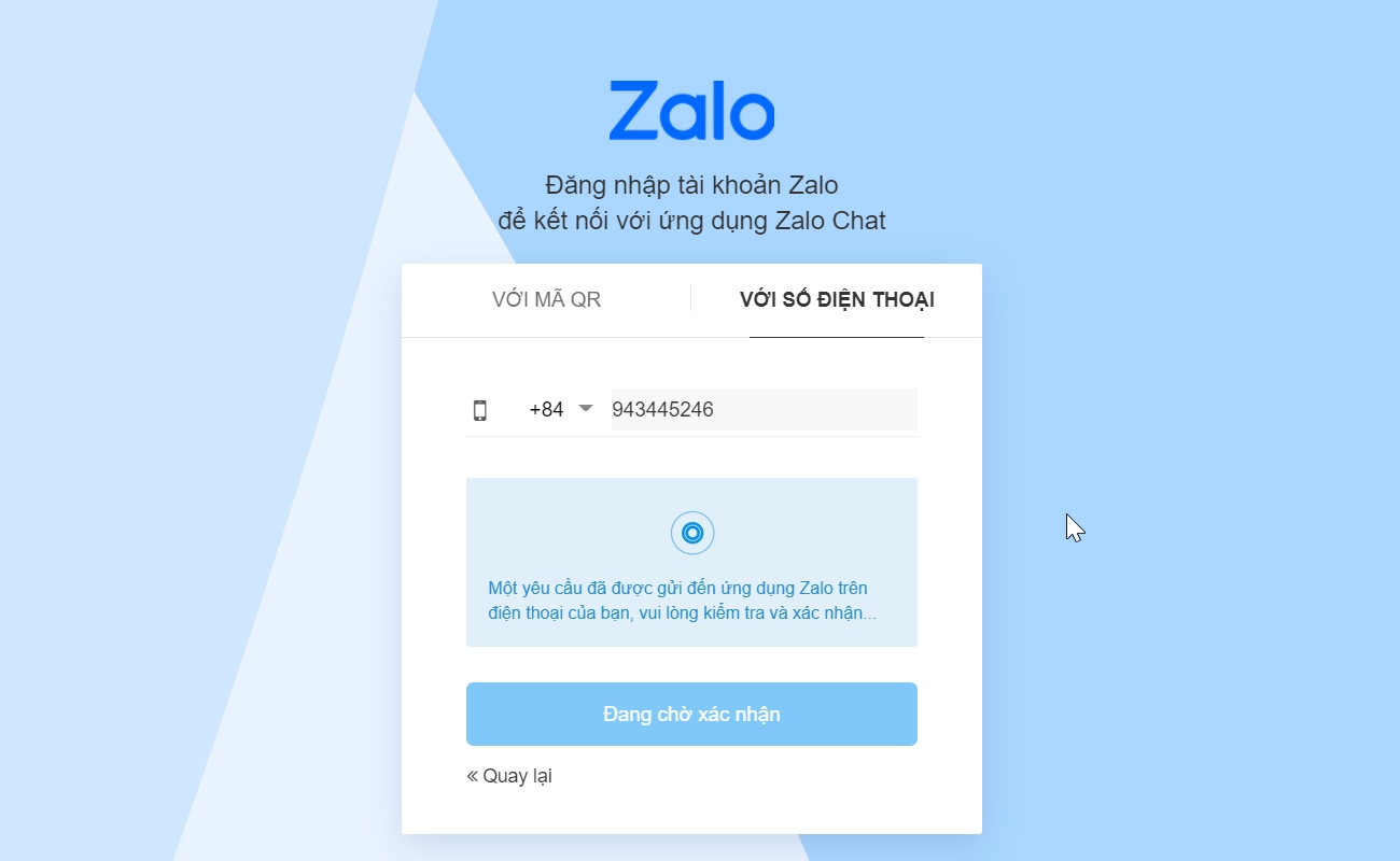 Chờ xác nhận điện thoại đăng nhập zalo bằng web