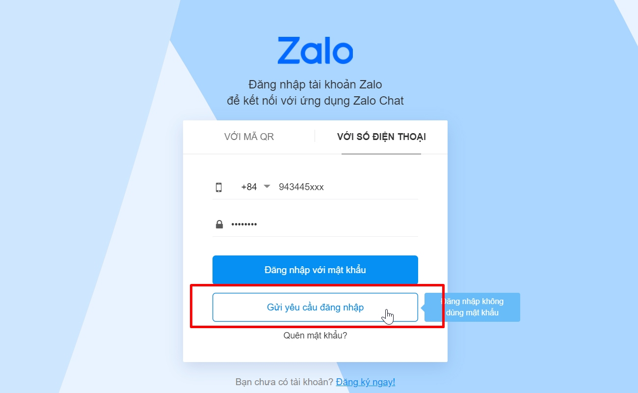 Gửi yêu cầu đăng nhập Zalo bằng Web qua điện thoại