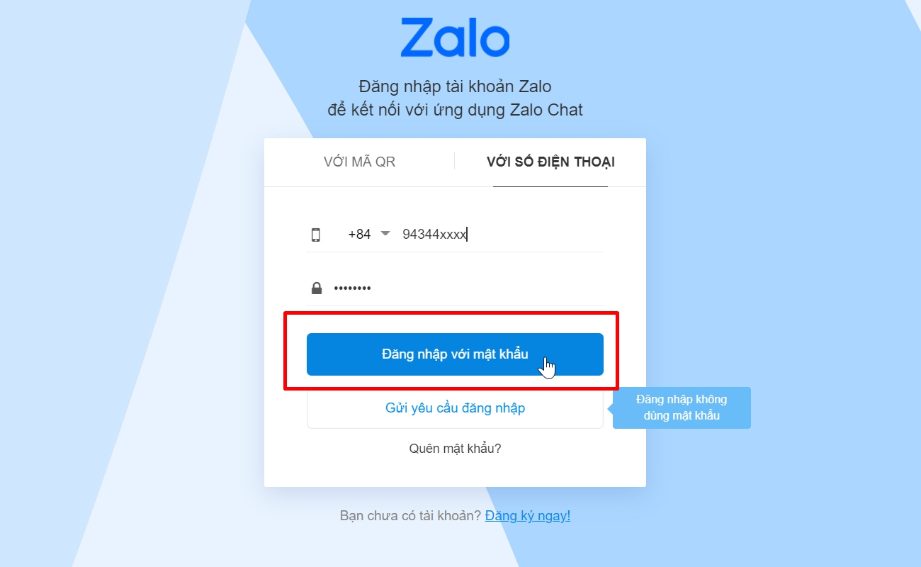 Nhập số điện thoại và mật khẩu đăng nhập Zalo