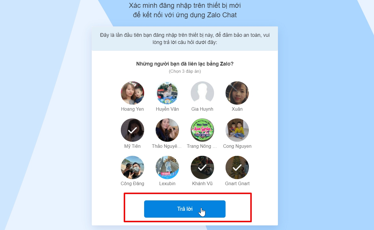 Chọn những người bạn từng liên hệ để xác thực tài khoản đăng nhập Zalo trên Website