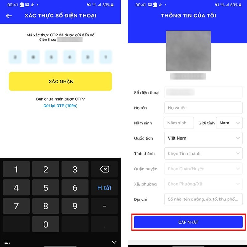 Nhập thông tin mã OTP trên điện thoại xác thực lấy giấy kết quả xét nghiệm covid19