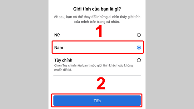 Chọn giới tính rồi nhấn tiếp để thực tiếp các bước tiếp theo trong quá trình cài đặt Messenger