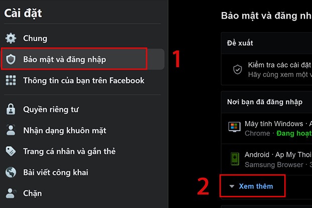 Chọn mục Bảo mật và đăng nhập sau đó tìm nơi bạn đã đăng nhập