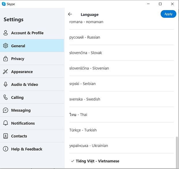  chọn Tiếng Việt rồi nhấn Apply là hoàn thành