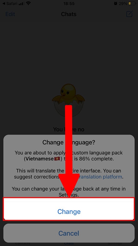  chọn Change để đổi ngôn ngữ sang tiếng Việt
