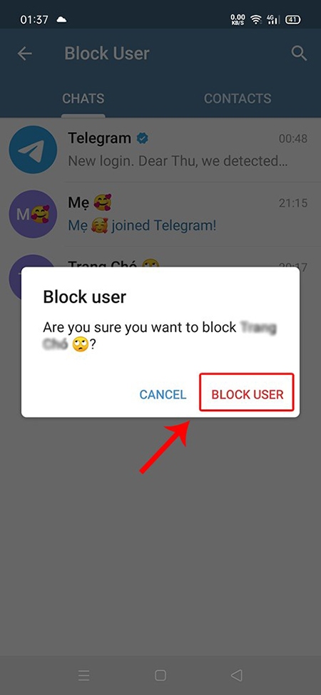 Chọn Block User sau khi nhấn vào tài khoản không muốn liên hệ nữa
