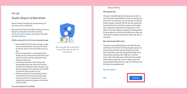 quyền riêng tư và điều khoản khi đăng kí Email