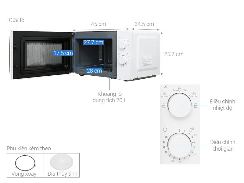 kích thước lò vi sóng không nướng Electrolux 20 lít EMM20K18GWI