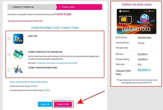 Thanh toán để hoàn tất mua SIM trên website Vinaphone 
