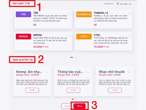 Chọn gói cước và dịch vụ GTGT