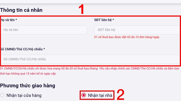 Nhập vào thông tin cá nhân và phương thức giao hàng
