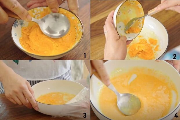 Cho trứng muối dằm nhuyễn vào hỗn hợp rồi dùng màng bọc thực phẩm bọc kín (Nguồn: Internet)