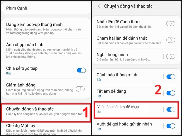 Chọn Chuyển động và thao tác rồi gạt nút sang bên phải để bật tính năng Vuốt lòng bàn tay để chụp